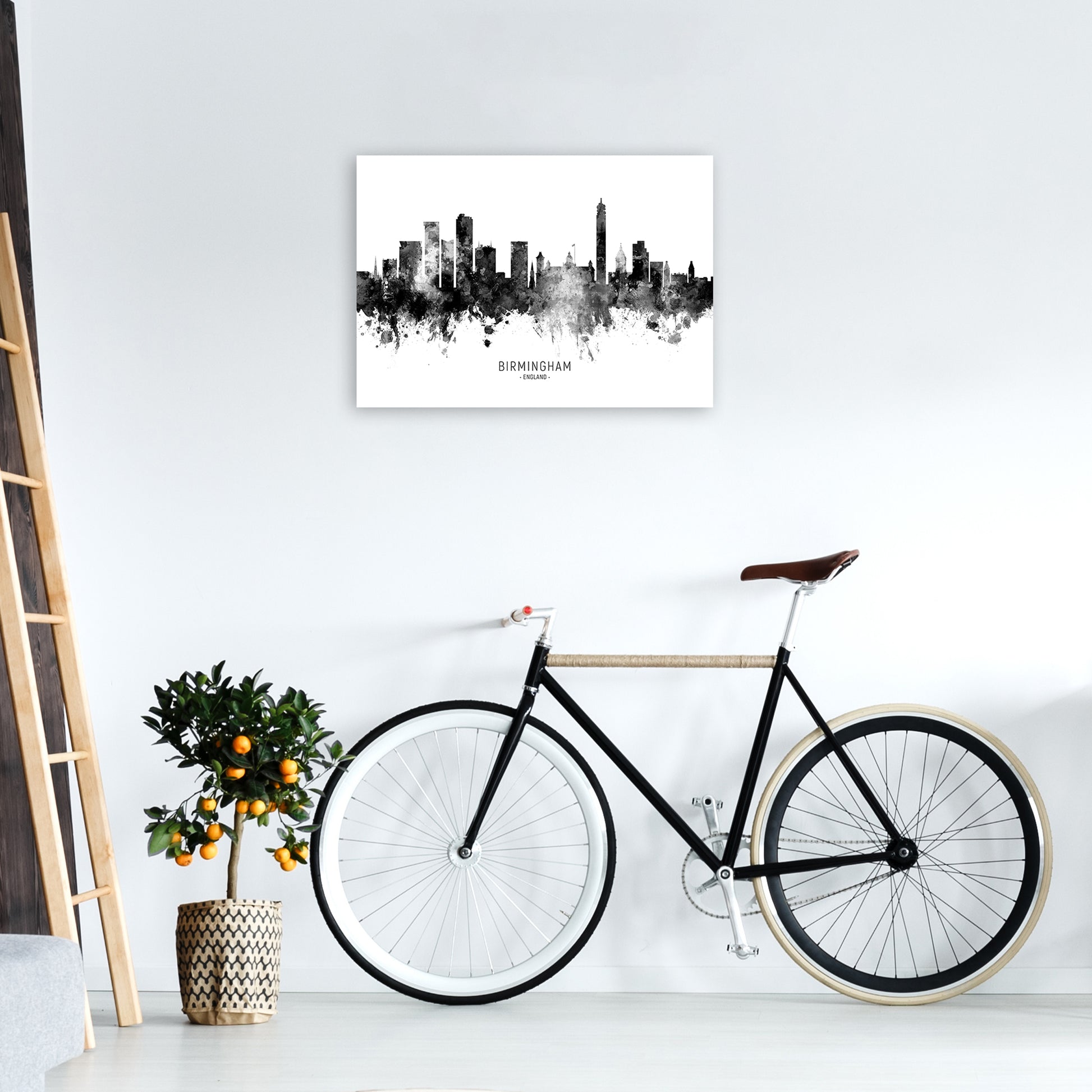Birmingham England Skyline Black White City Name  by Michael Tompsett A2 Black Frame