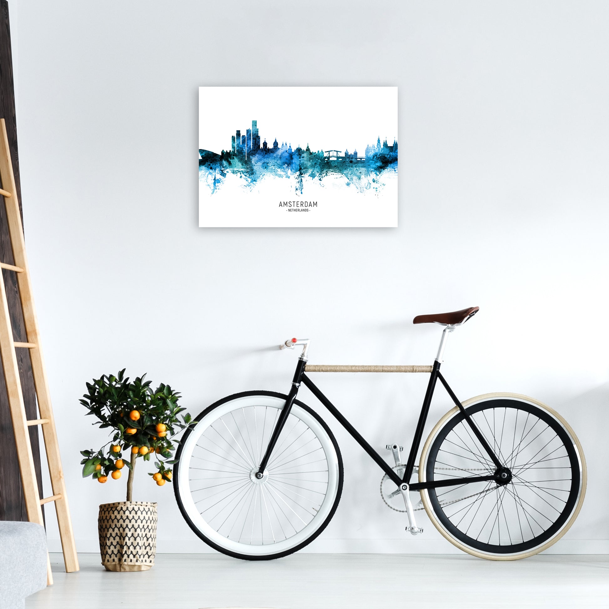 Amsterdam Netherlands Skyline Blue City Name  by Michael Tompsett A2 Black Frame