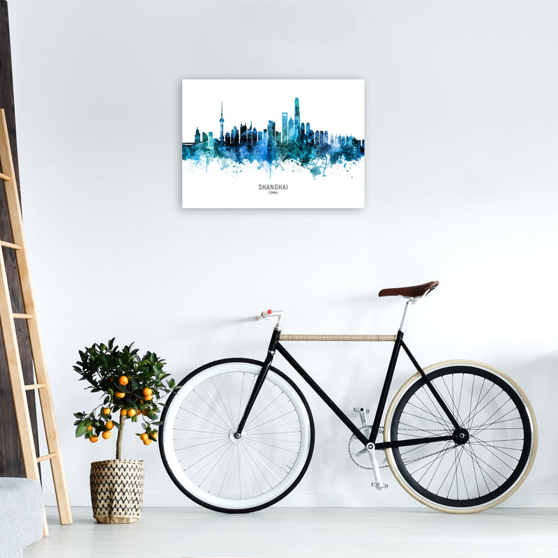 Shanghai China Skyline Blue City Name  by Michael Tompsett A2 Black Frame