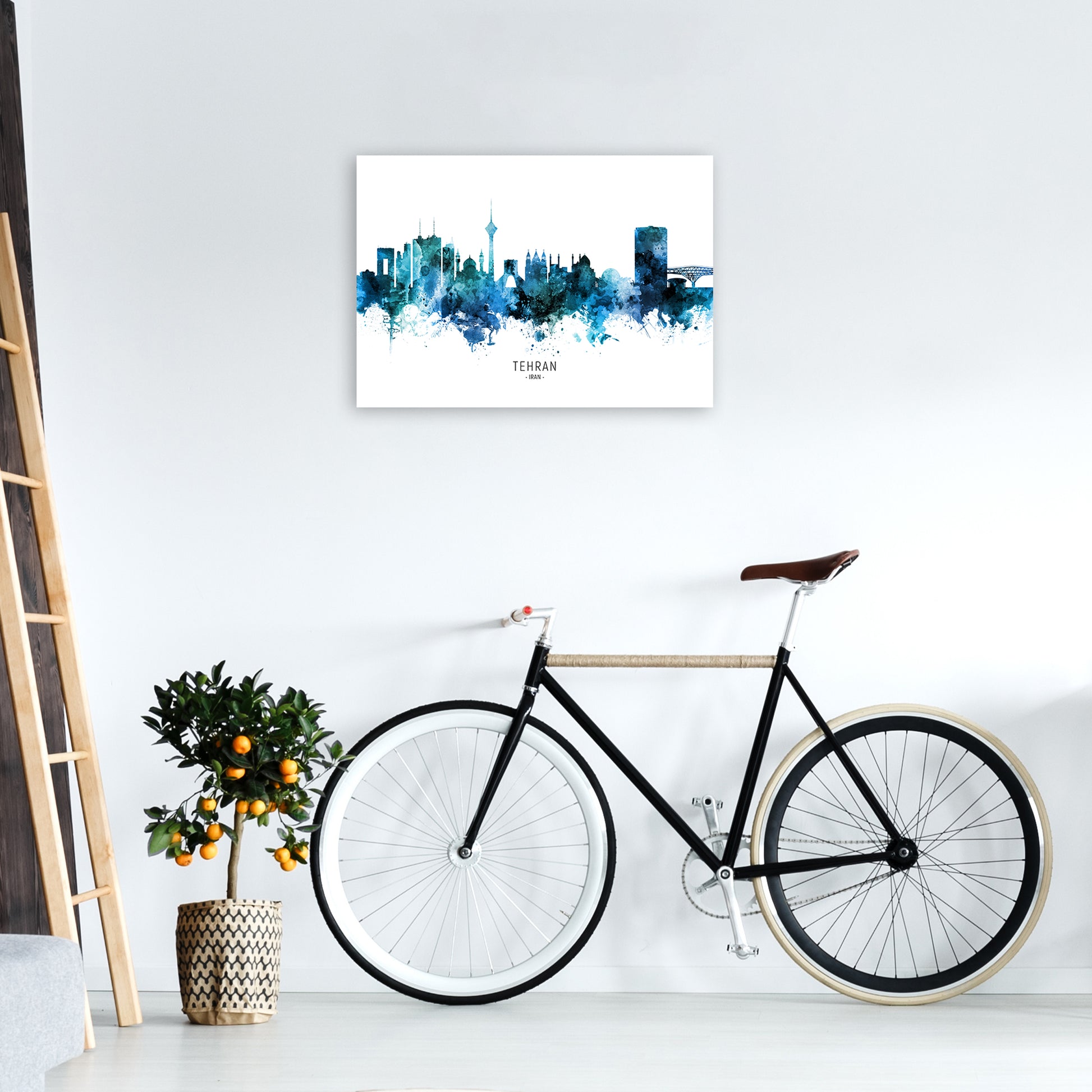 Tehran Iran Skyline Blue City Name Print by Michael Tompsett A2 Black Frame