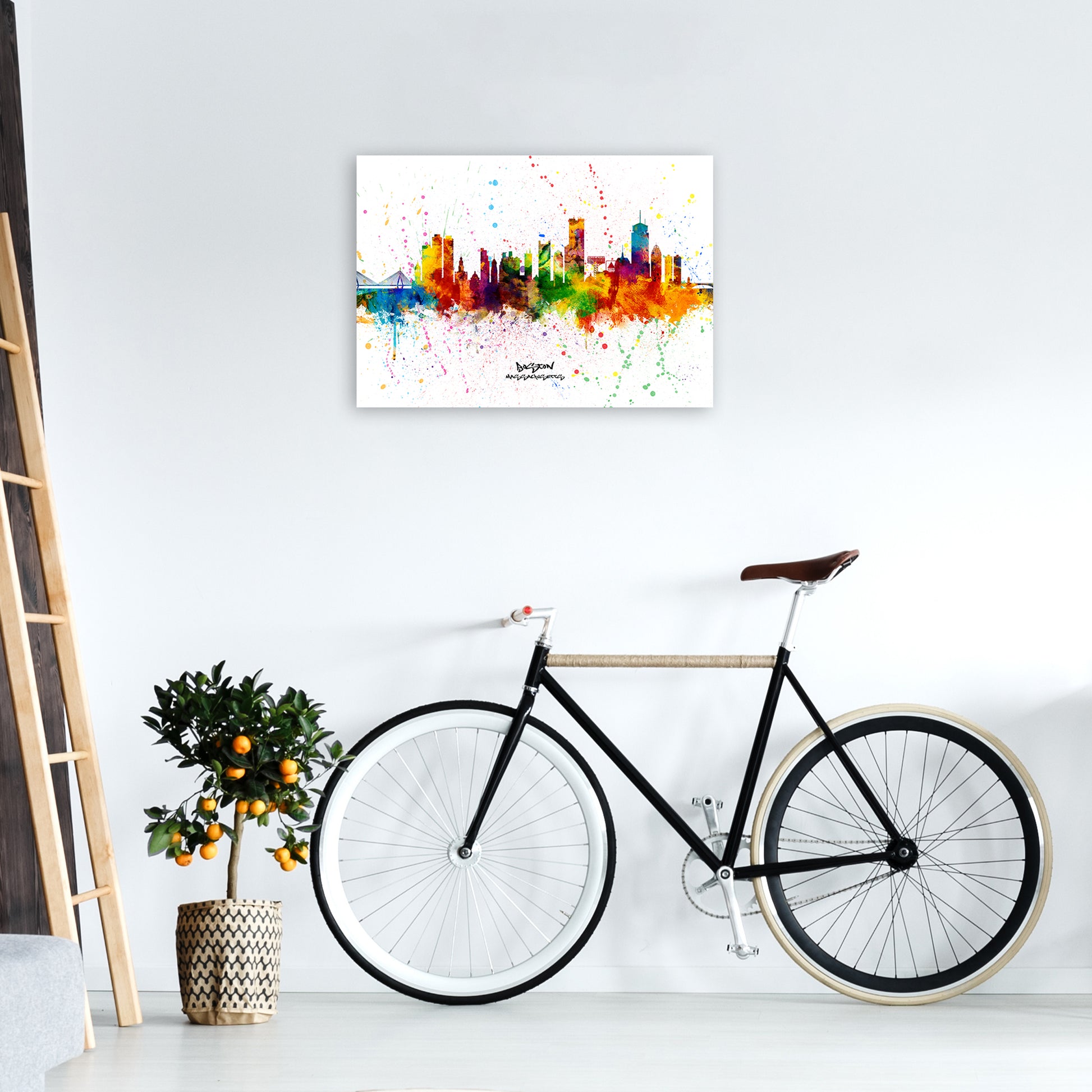 Boston Massachusetts Skyline Splash Art Print by Michael Tompsett A2 Black Frame
