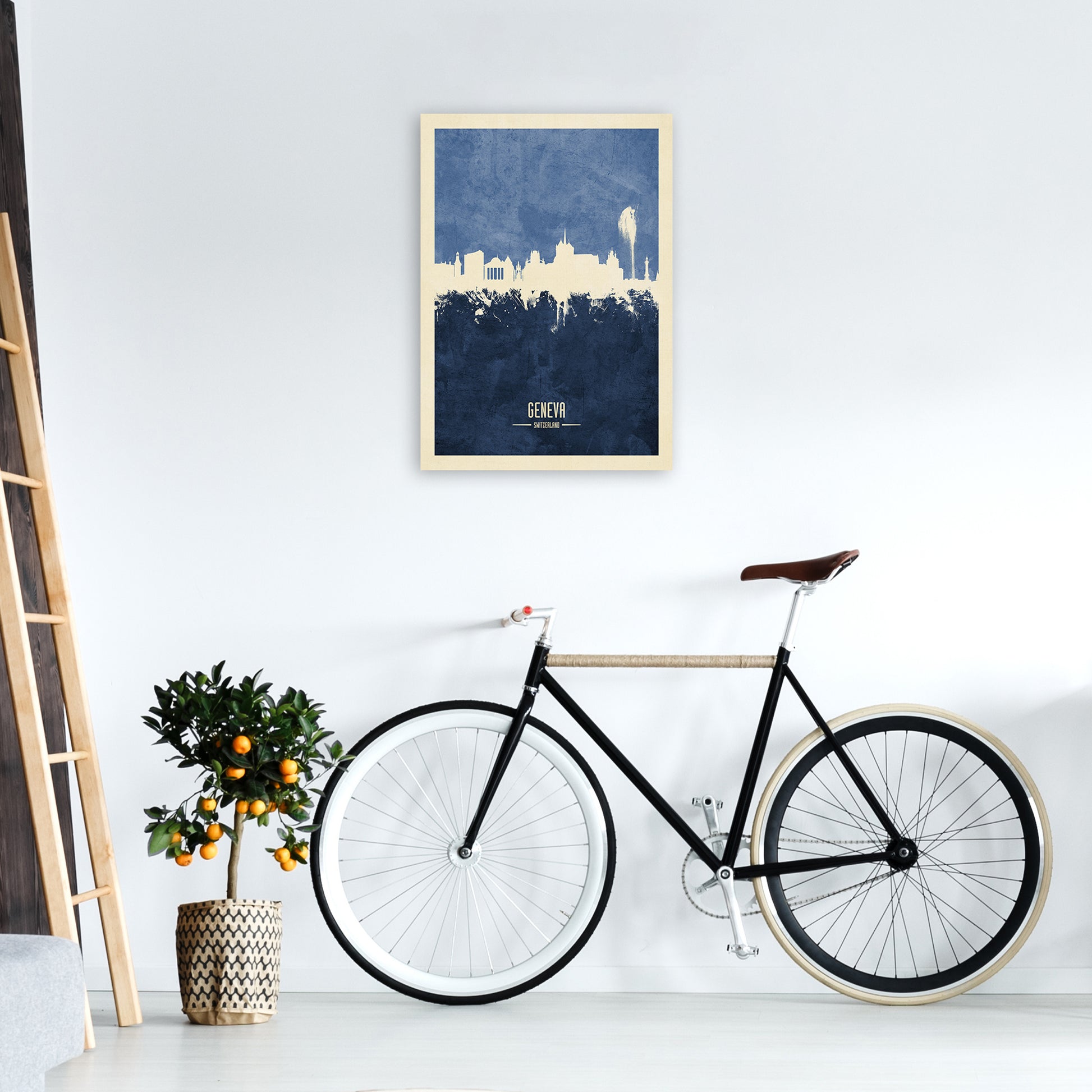 Geneva Switzerland Skyline Portrait Navy Art Print by Michael Tompsett A2 Black Frame