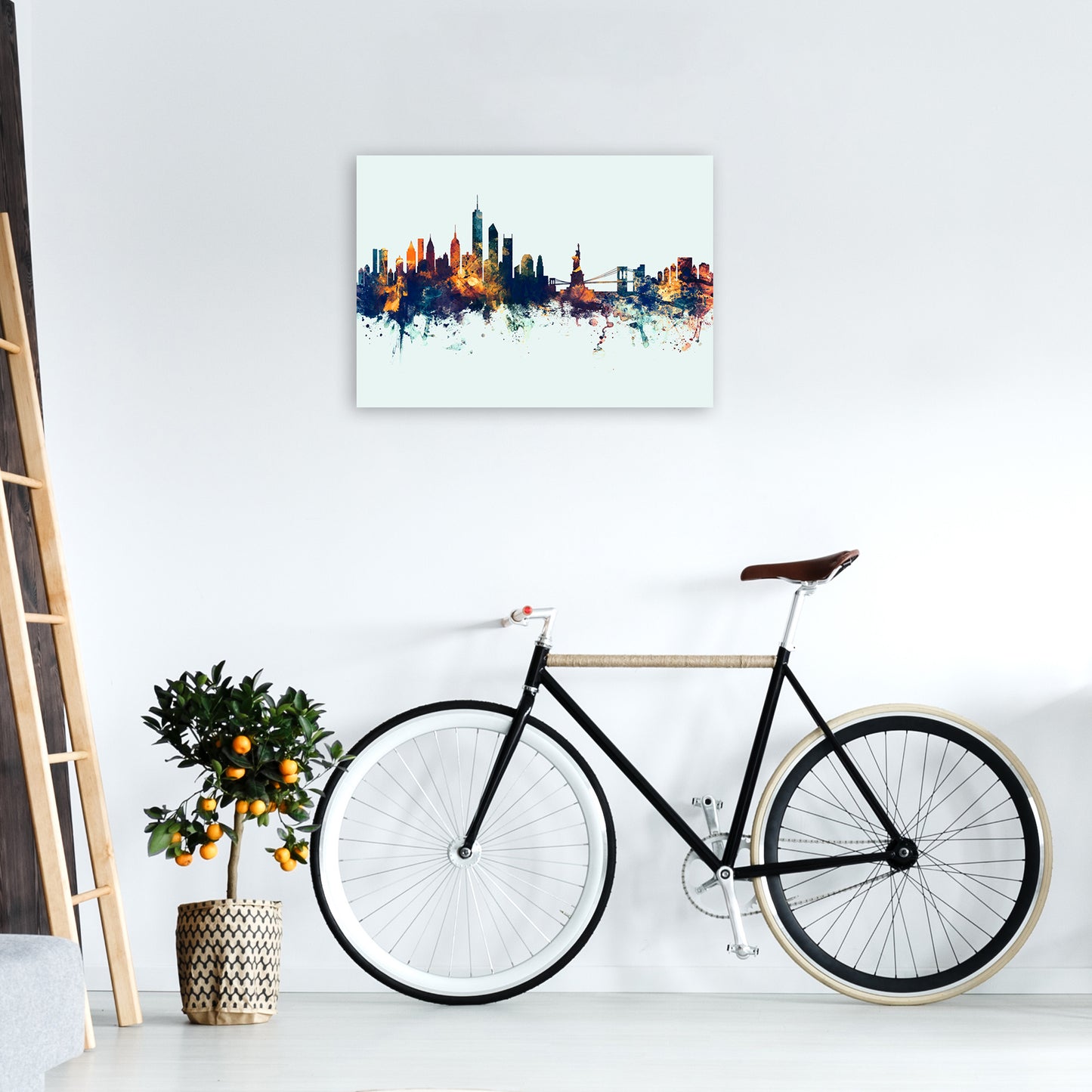 New York New York Skyline Blue Orange Art Print by Michael Tompsett A2 Black Frame