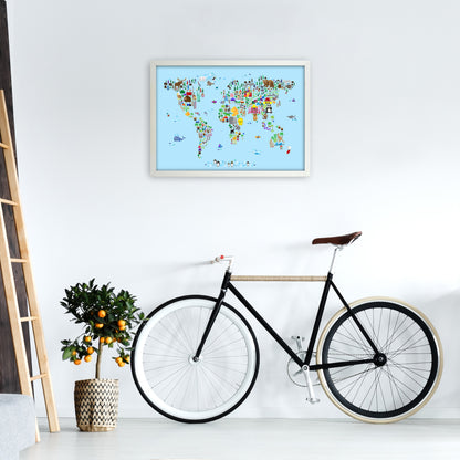 Animal Map of the World Blue Art Print by Michael Tompsett A2 Oak Frame