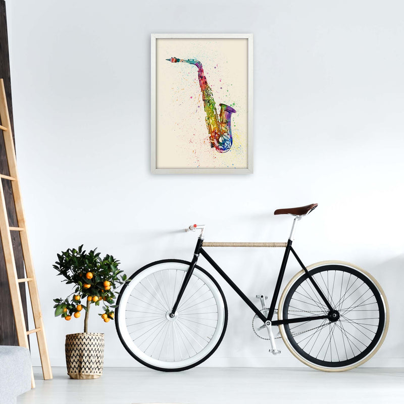 Saxophone Watercolour Multi-Colour Print by Michael Tompsett A2 Oak Frame