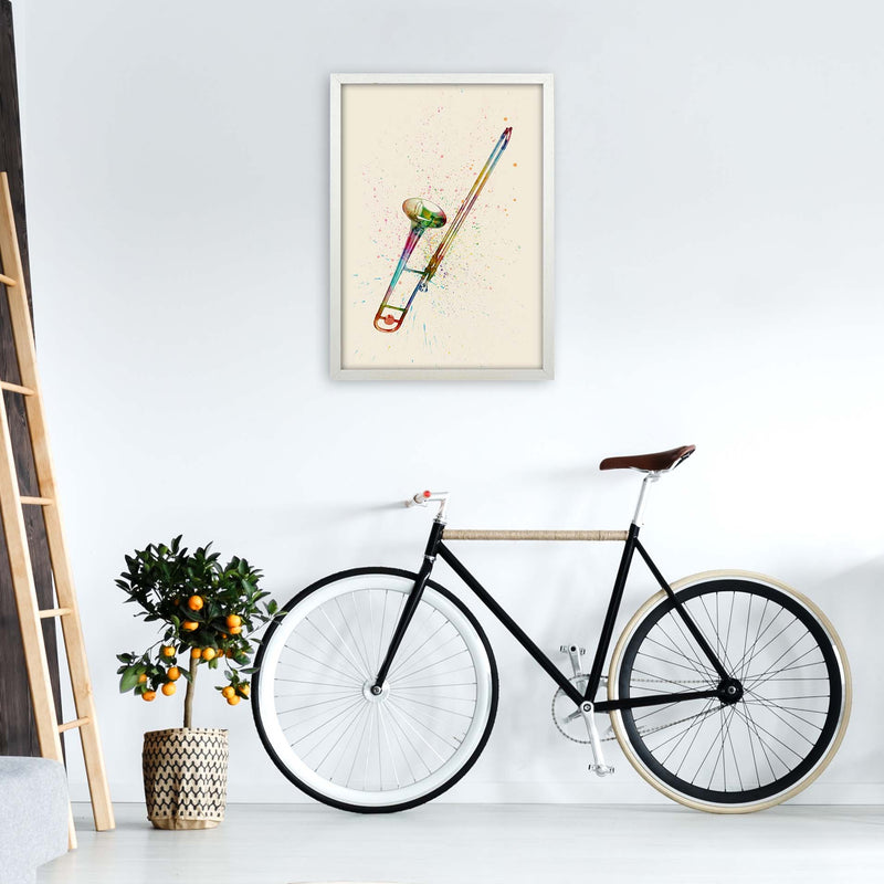 Trombone Watercolour Multi-Colour Print by Michael Tompsett A2 Oak Frame