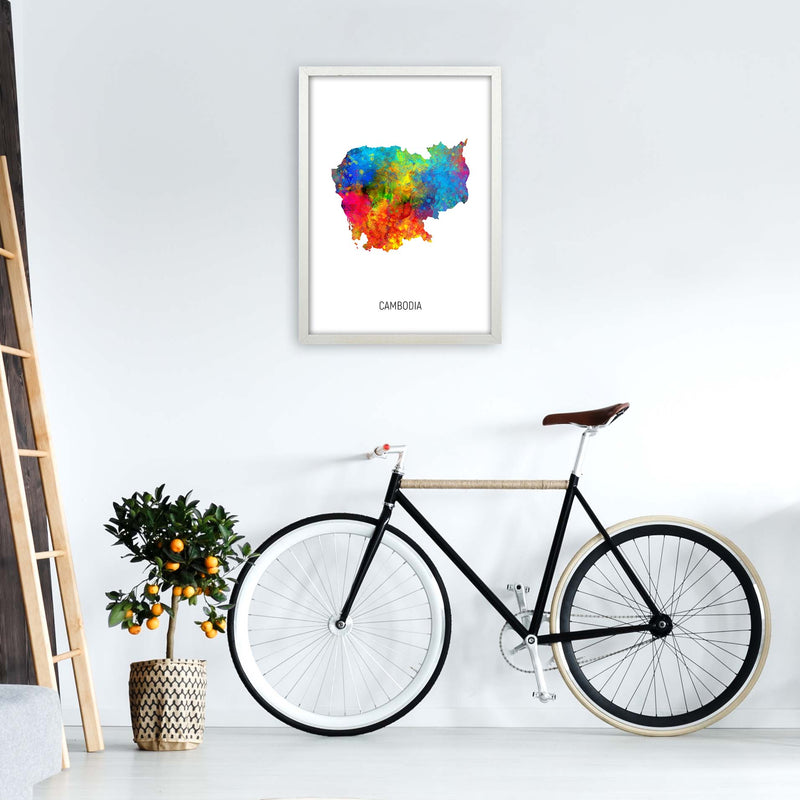Cambodia Watercolour Map Art Print by Michael Tompsett A2 Oak Frame