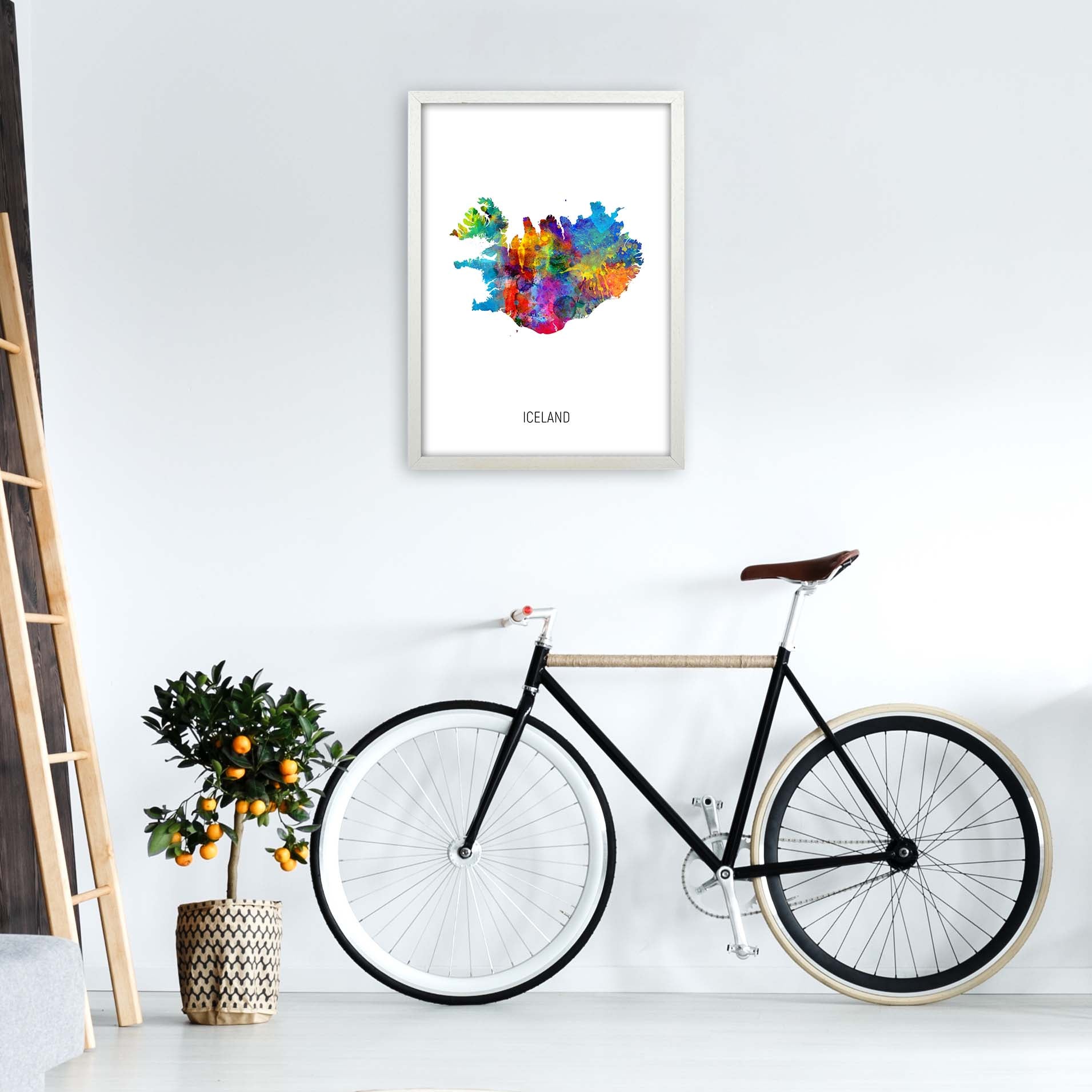 Iceland Watercolour Map Art Print by Michael Tompsett A2 Oak Frame