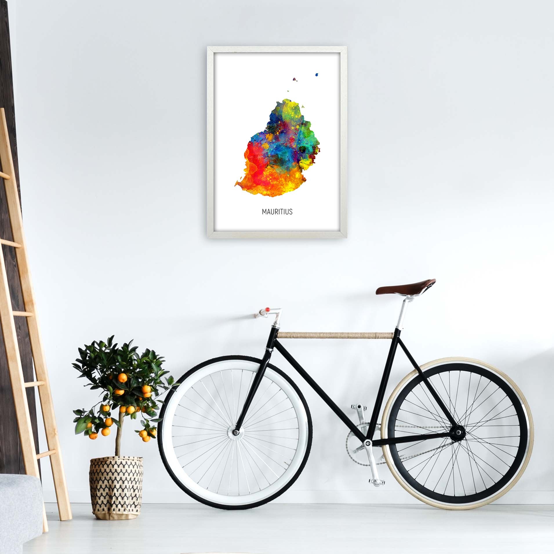 Mauritius Watercolour Map Art Print by Michael Tompsett A2 Oak Frame