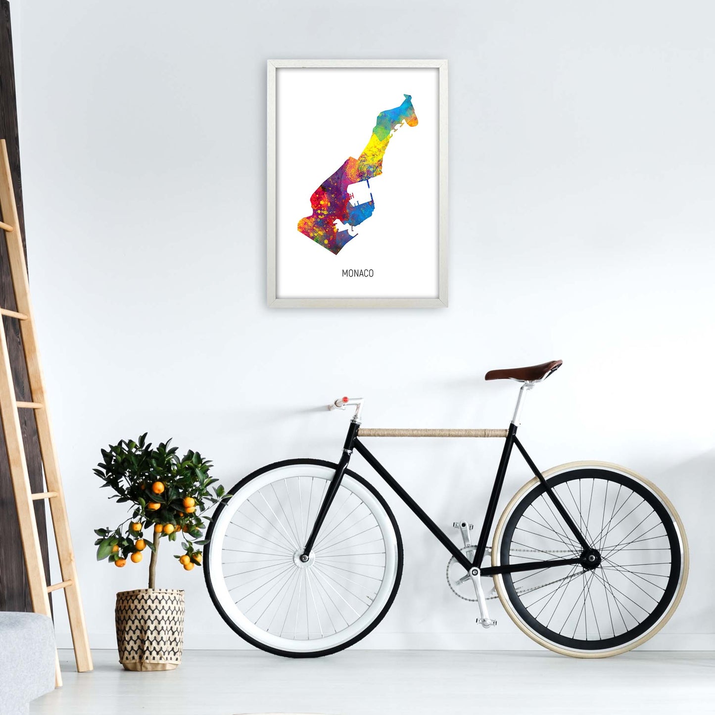 Monaco Watercolour Map Art Print by Michael Tompsett A2 Oak Frame