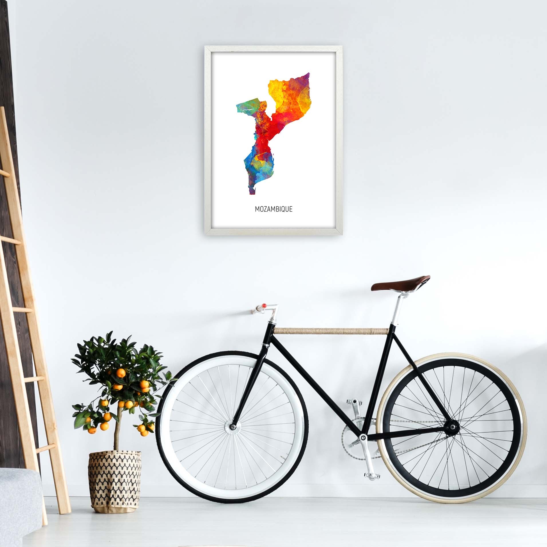 Mozambique Watercolour Map Art Print by Michael Tompsett A2 Oak Frame