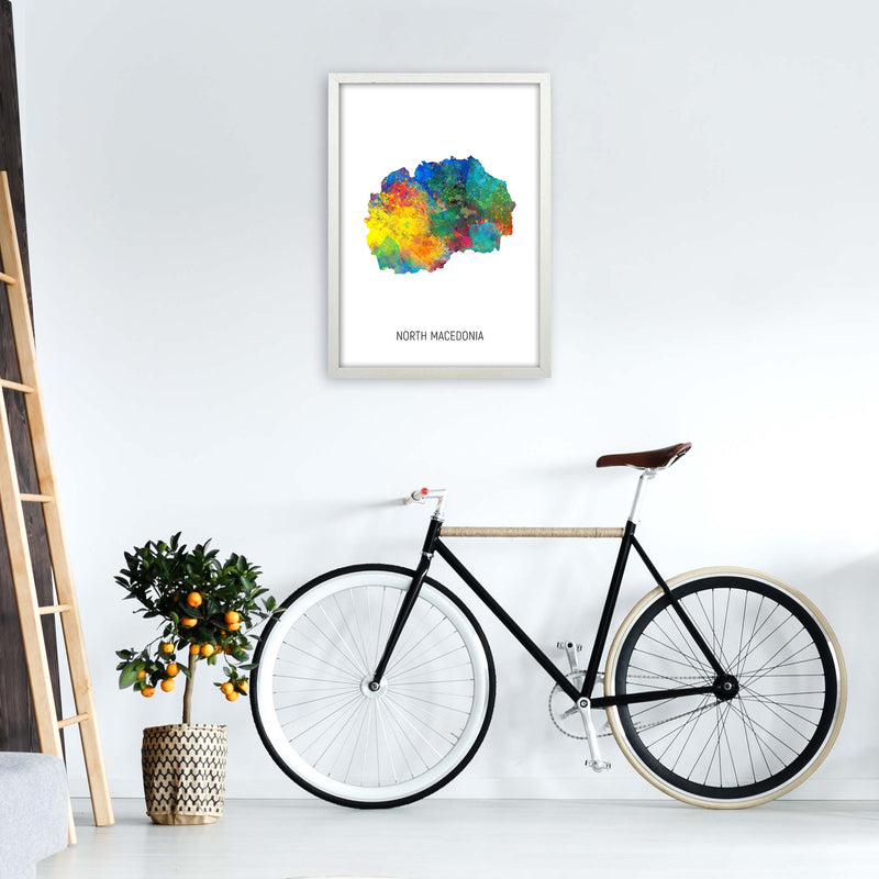 North Macedonia Watercolour Map Art Print by Michael Tompsett A2 Oak Frame
