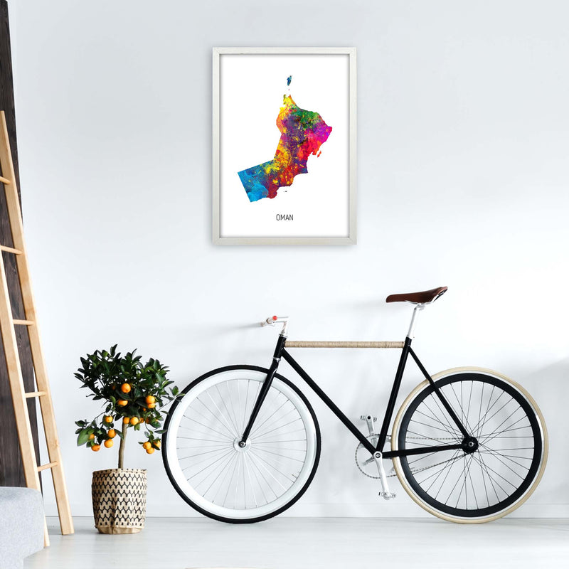 Oman Watercolour Map Art Print by Michael Tompsett A2 Oak Frame