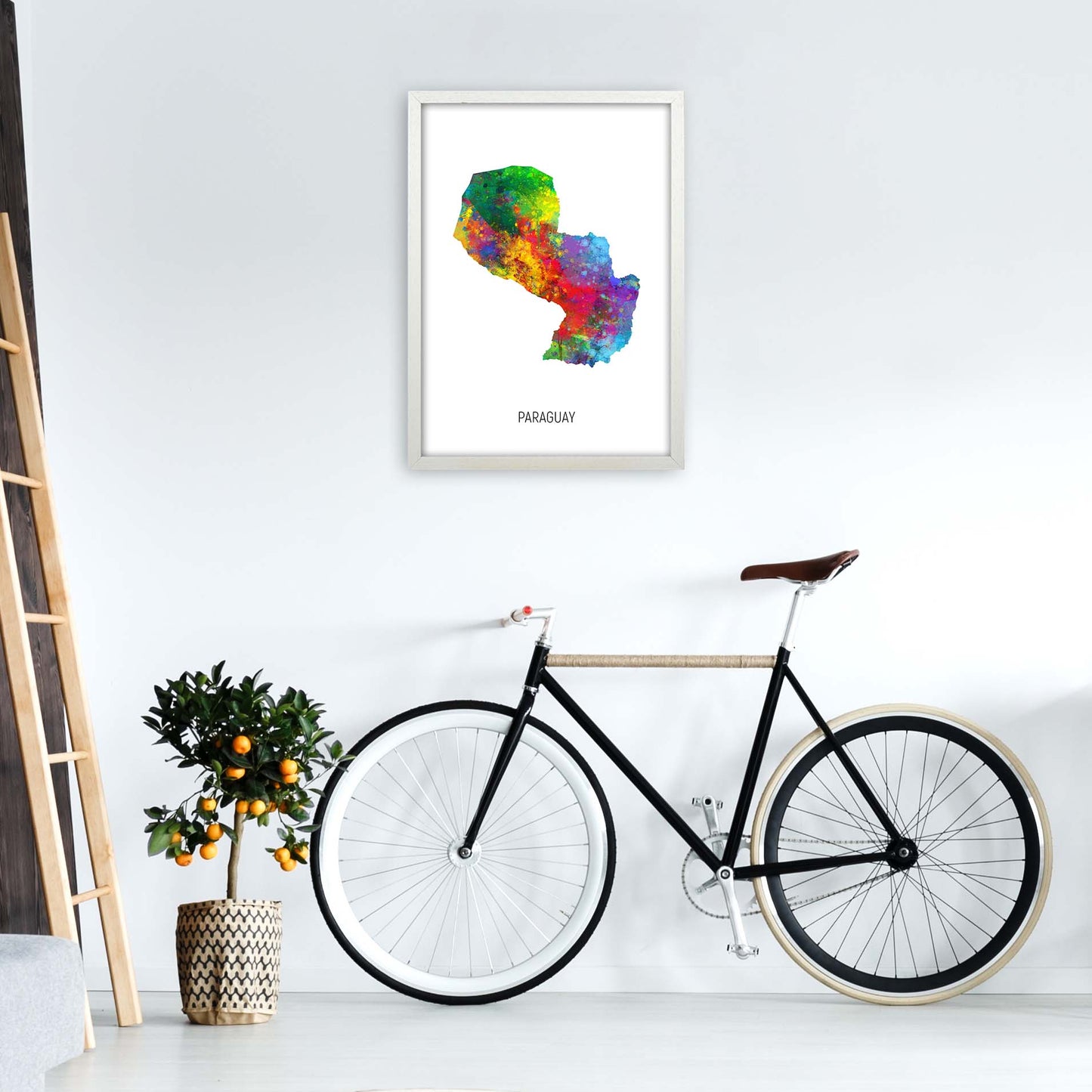 Paraguay Watercolour Map Art Print by Michael Tompsett A2 Oak Frame