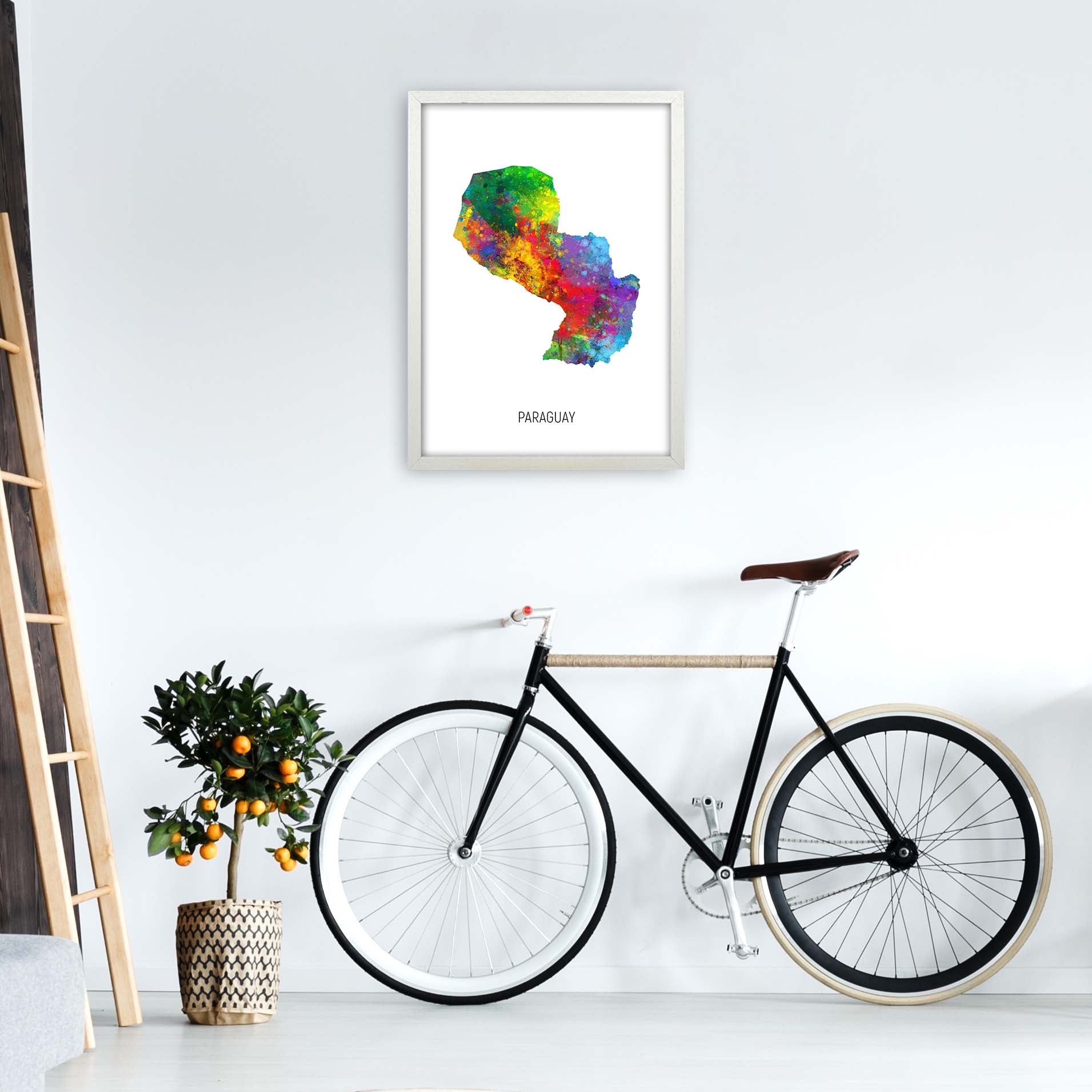 Paraguay Watercolour Map Art Print by Michael Tompsett A2 Oak Frame