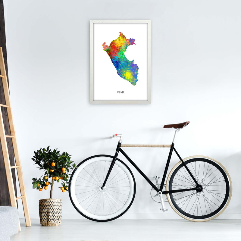 Peru Watercolour Map Art Print by Michael Tompsett A2 Oak Frame