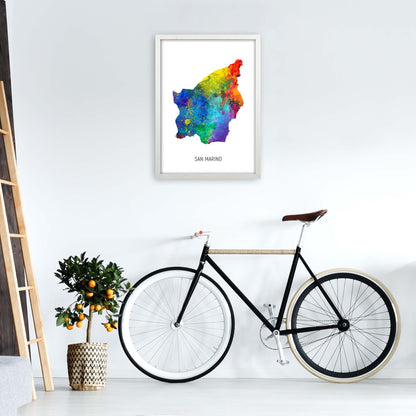 San Marino Watercolour Map Art Print by Michael Tompsett A2 Oak Frame