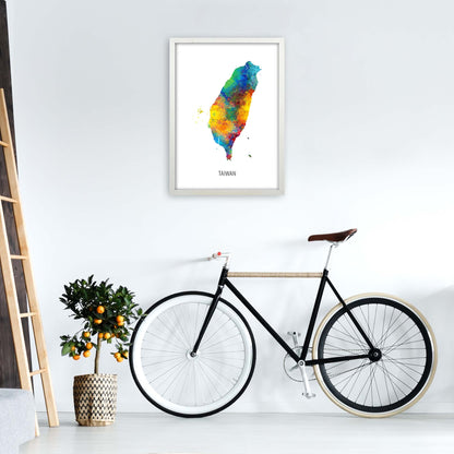 Taiwan Watercolour Map Art Print by Michael Tompsett A2 Oak Frame