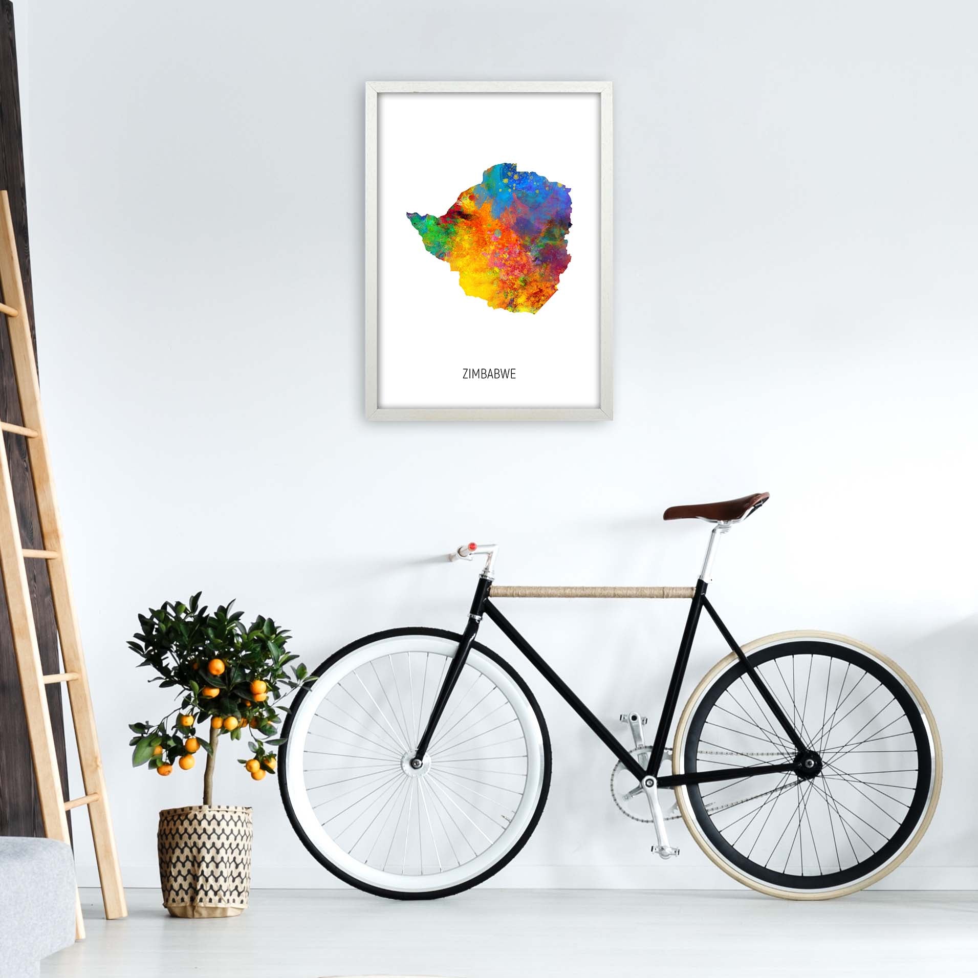 Zimbabwe Watercolour Map Art Print by Michael Tompsett A2 Oak Frame