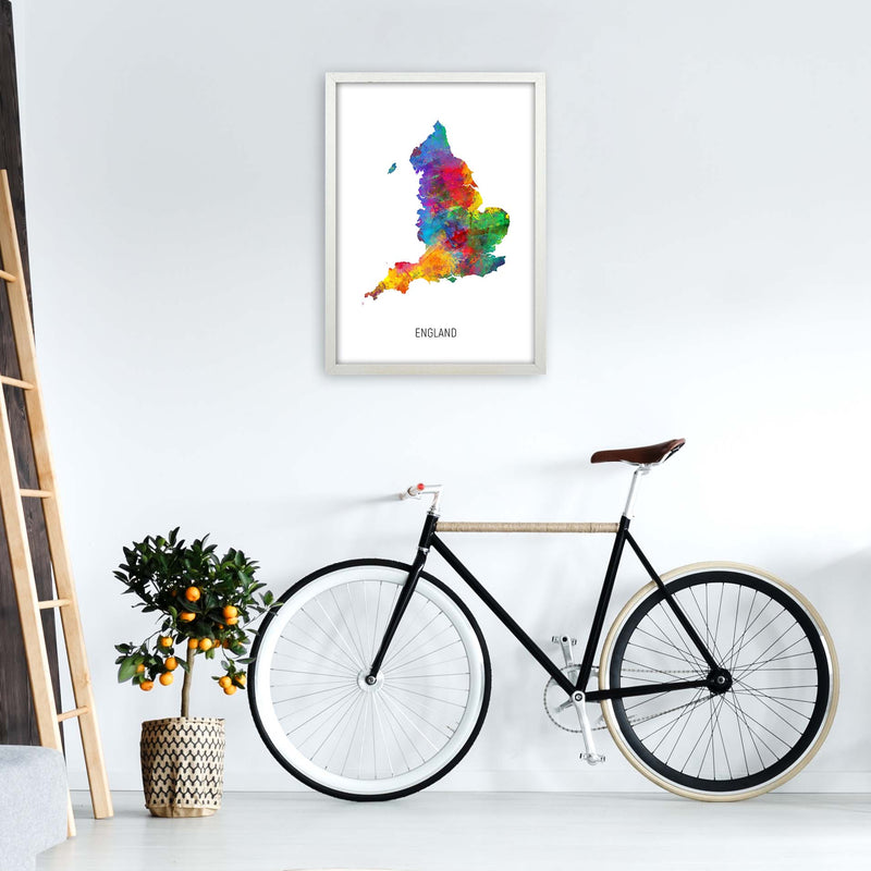 England Watercolour Map Art Print by Michael Tompsett A2 Oak Frame
