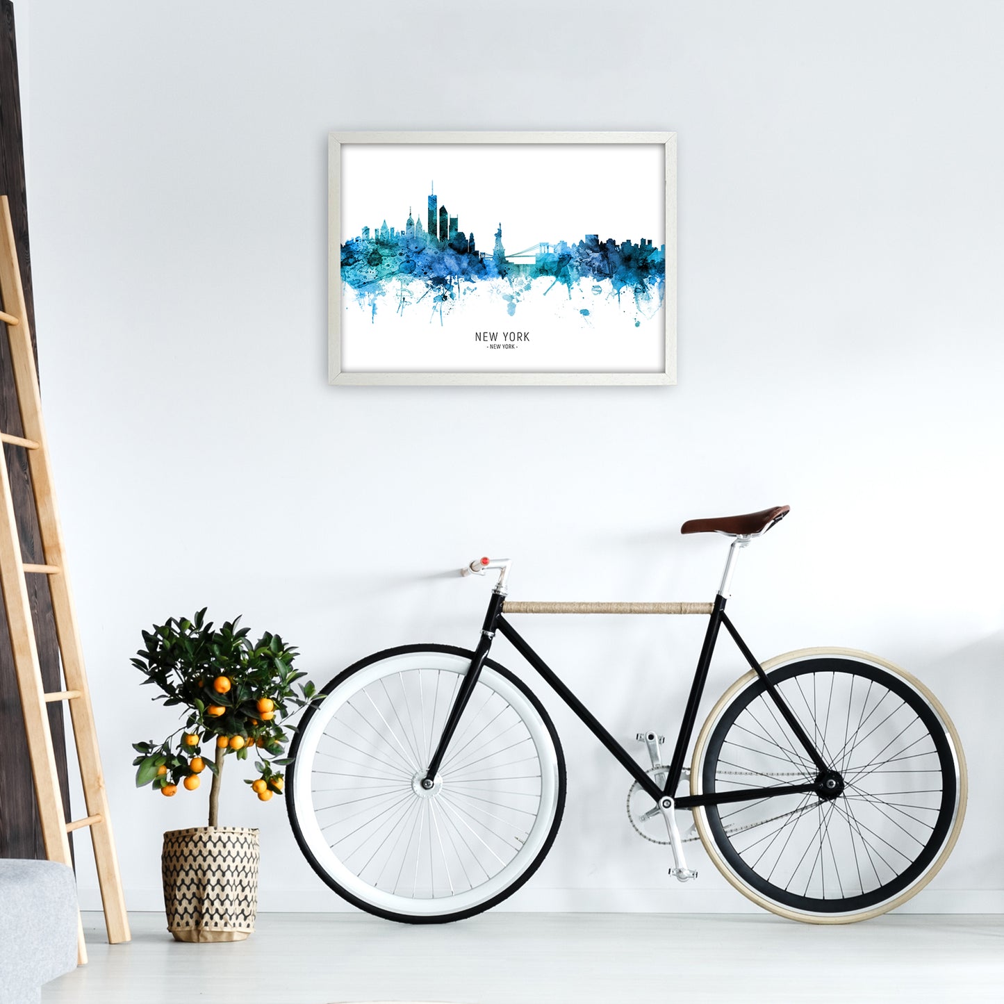 New York New York Skyline Blue City Name  by Michael Tompsett A2 Oak Frame