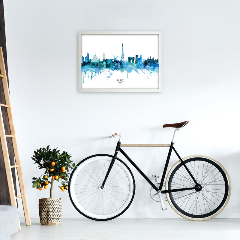 Paris France Skyline Blue City Name Print by Michael Tompsett A2 Oak Frame