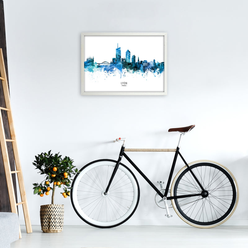 Lyon France Skyline Blue City Name Print by Michael Tompsett A2 Oak Frame