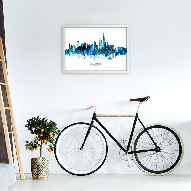 Shanghai China Skyline Blue City Name  by Michael Tompsett A2 Oak Frame