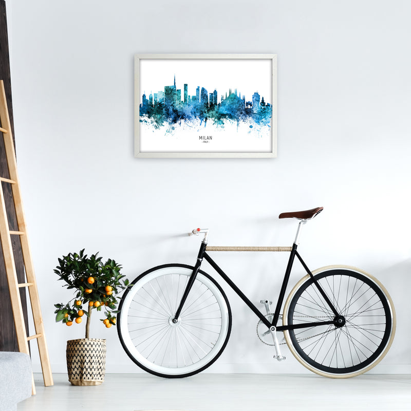 Milan Italy Skyline Blue City Name Print by Michael Tompsett A2 Oak Frame