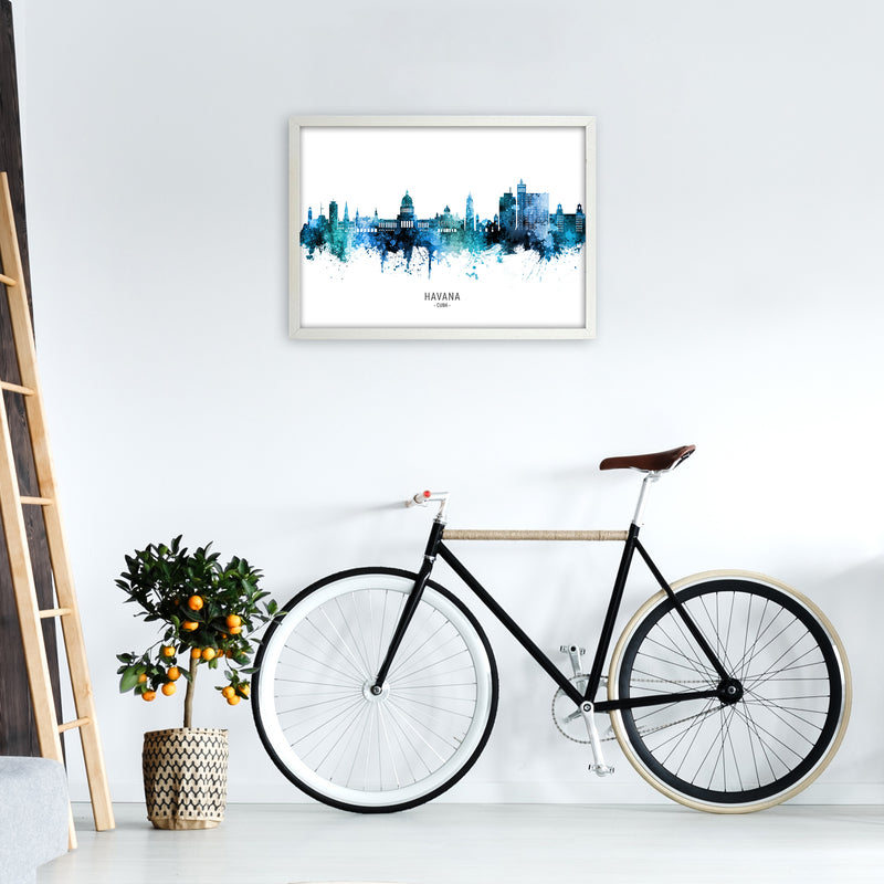 Havana Cuba Skyline Blue City Name Print by Michael Tompsett A2 Oak Frame