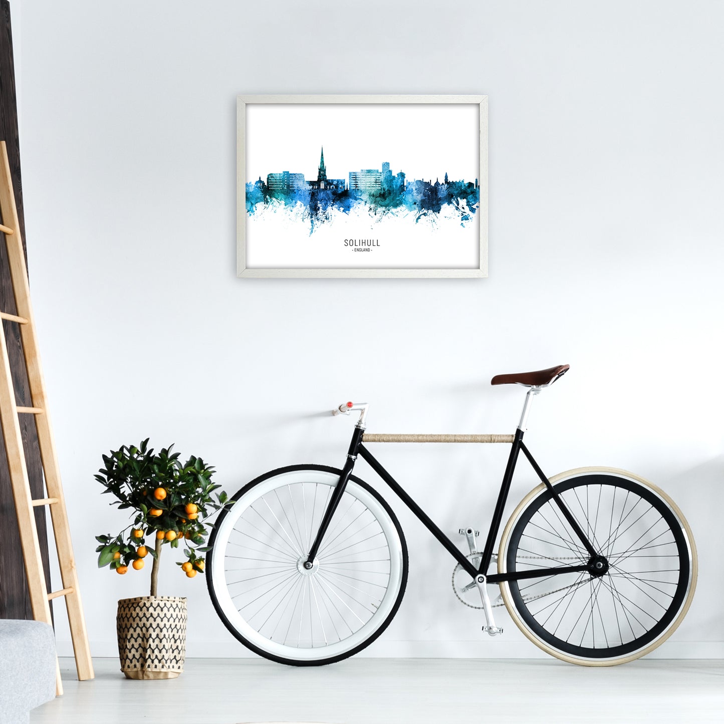 Solihull England Skyline Blue City Name  by Michael Tompsett A2 Oak Frame