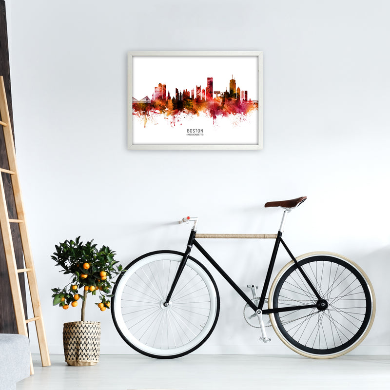 Boston Massachusetts Skyline Red City Name  by Michael Tompsett A2 Oak Frame