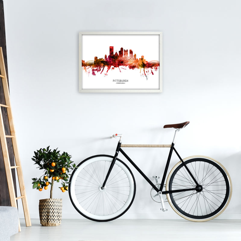 Pittsburgh Pennsylvania Skyline Red City Name  by Michael Tompsett A2 Oak Frame