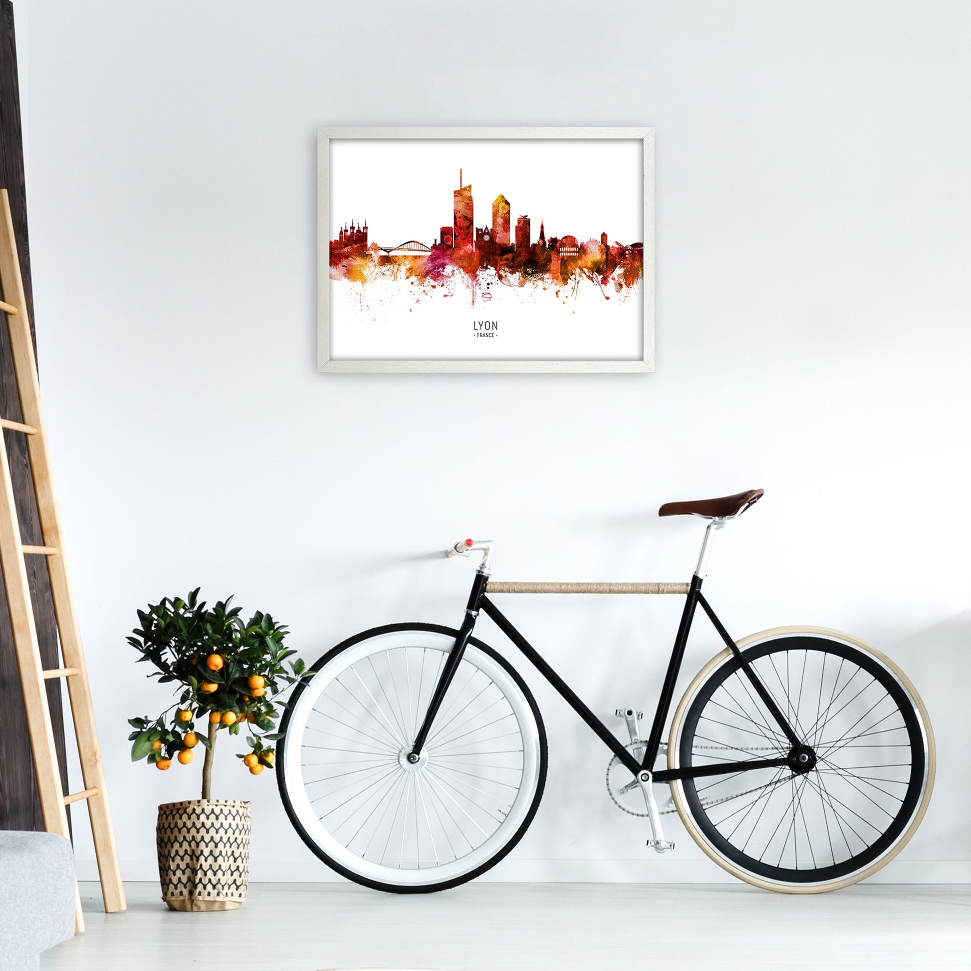 Lyon France Skyline Red City Name Print by Michael Tompsett A2 Oak Frame