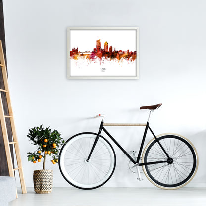 Lyon France Skyline Red City Name Print by Michael Tompsett A2 Oak Frame