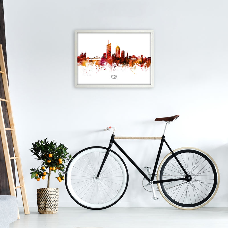 Lyon France Skyline Red City Name Print by Michael Tompsett A2 Oak Frame
