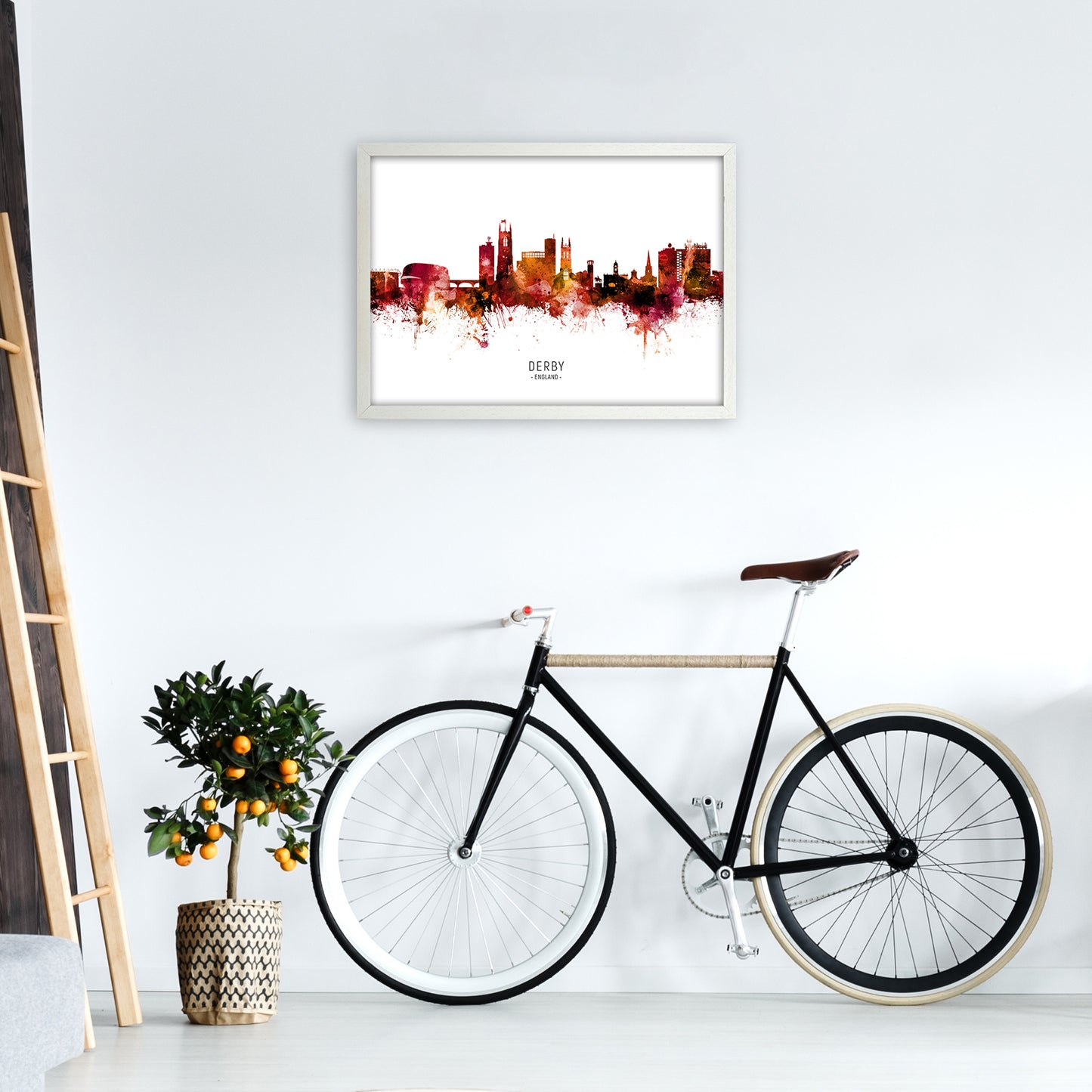 Derby England Skyline Red City Name Print by Michael Tompsett A2 Oak Frame