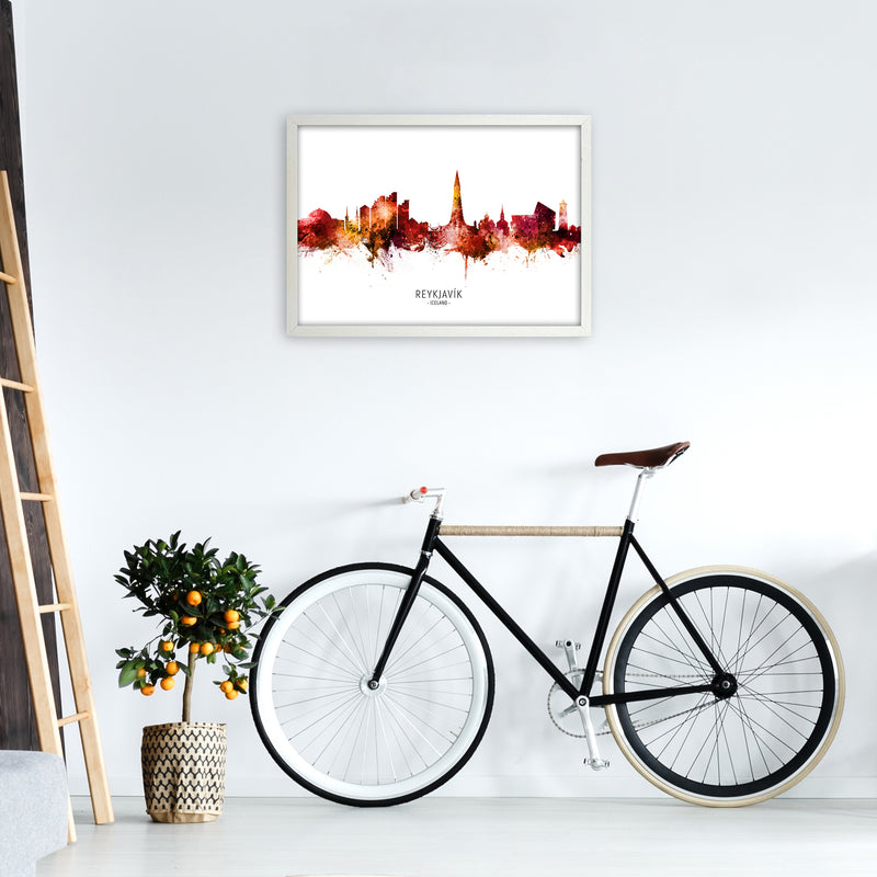 Reykjavik Iceland Skyline Red City Name  by Michael Tompsett A2 Oak Frame