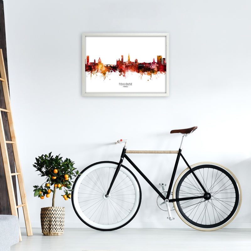 Toulouse France Skyline Red City Name  by Michael Tompsett A2 Oak Frame