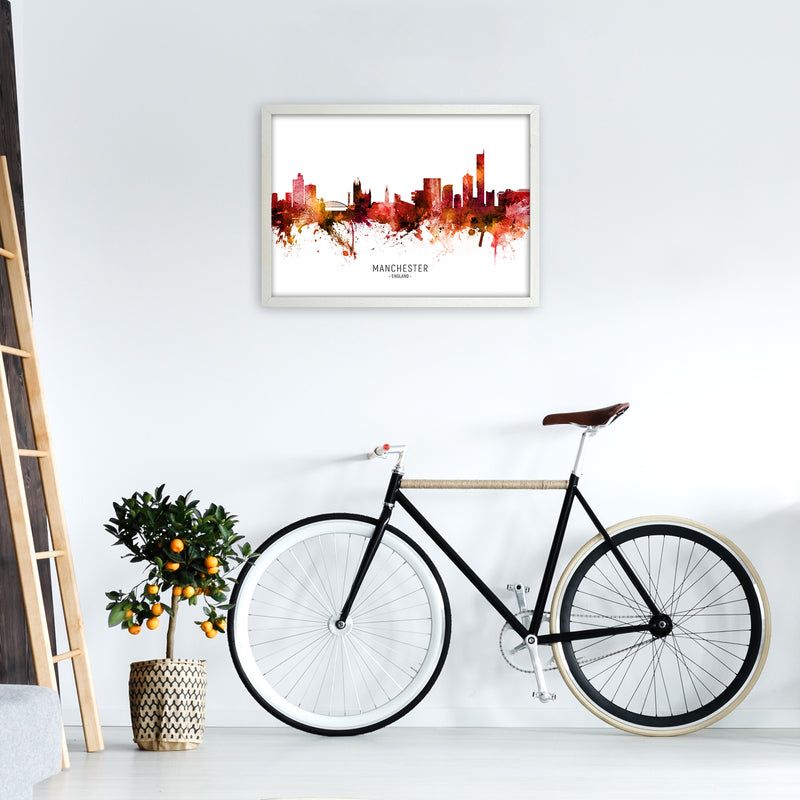 Manchester England Skyline Red City Name  by Michael Tompsett A2 Oak Frame