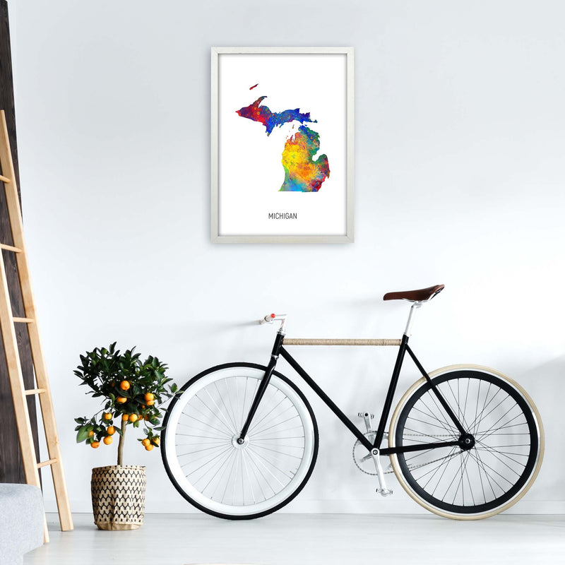 Michigan Watercolour Map Art Print by Michael Tompsett A2 Oak Frame