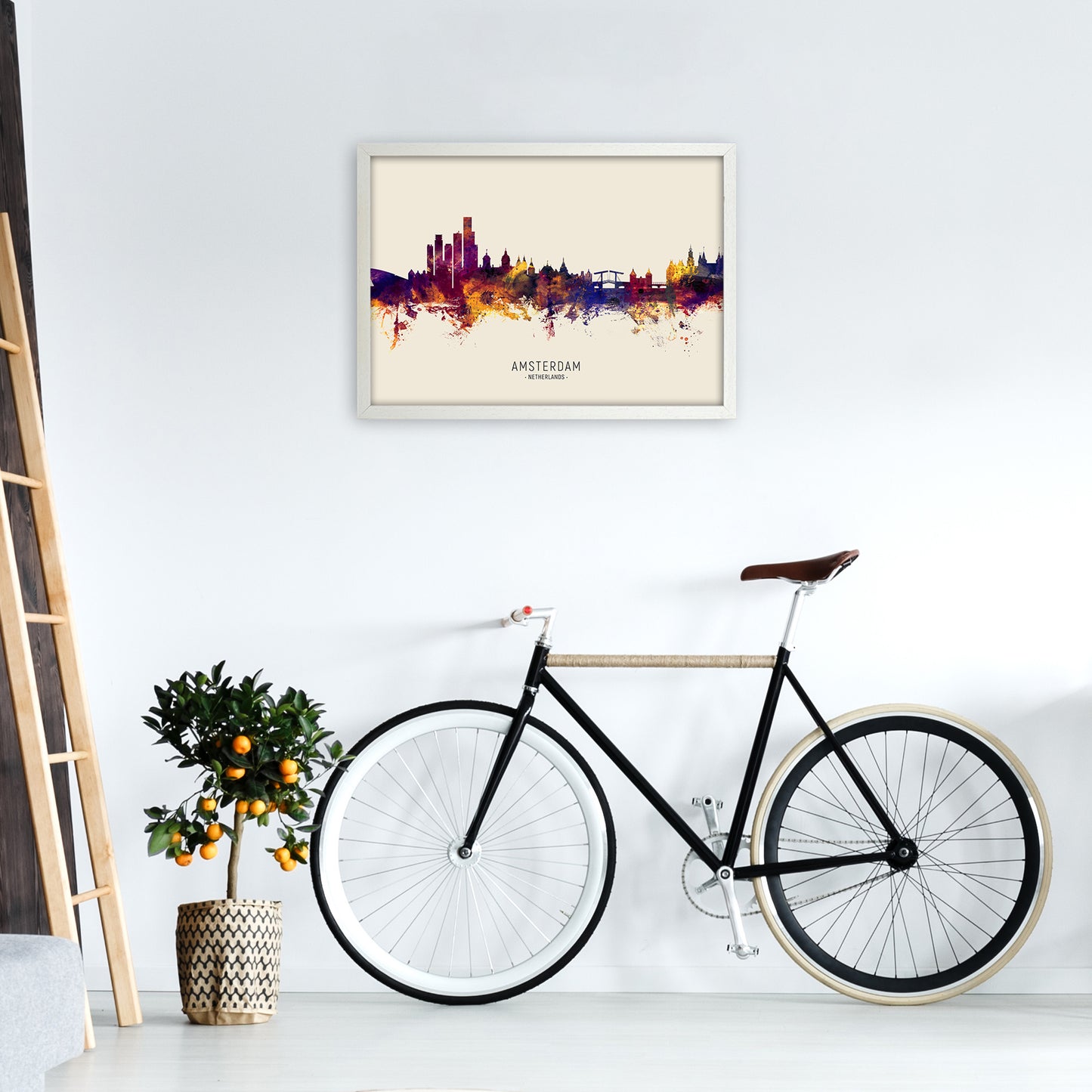 Amsterdam Netherlands Skyline Autumn City Name Art Print by Michael Tompsett A2 Oak Frame