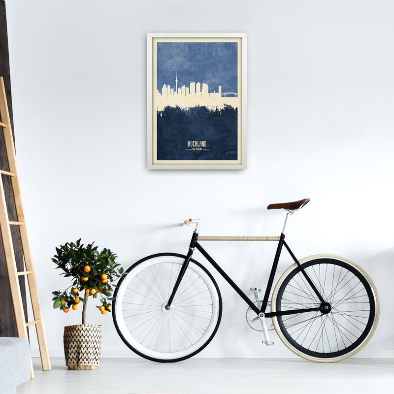 Auckland New Zealand Skyline Portrait Navy Art Print by Michael Tompsett A2 Oak Frame