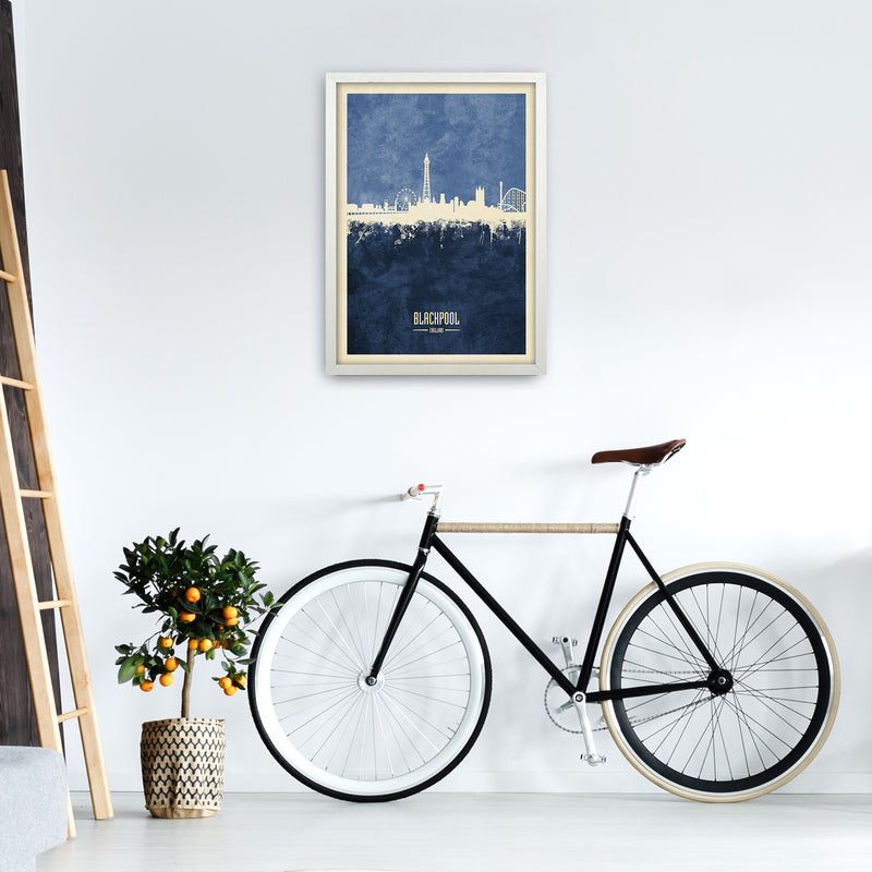 Blackpool England Skyline Portrait Navy Art Print by Michael Tompsett A2 Oak Frame