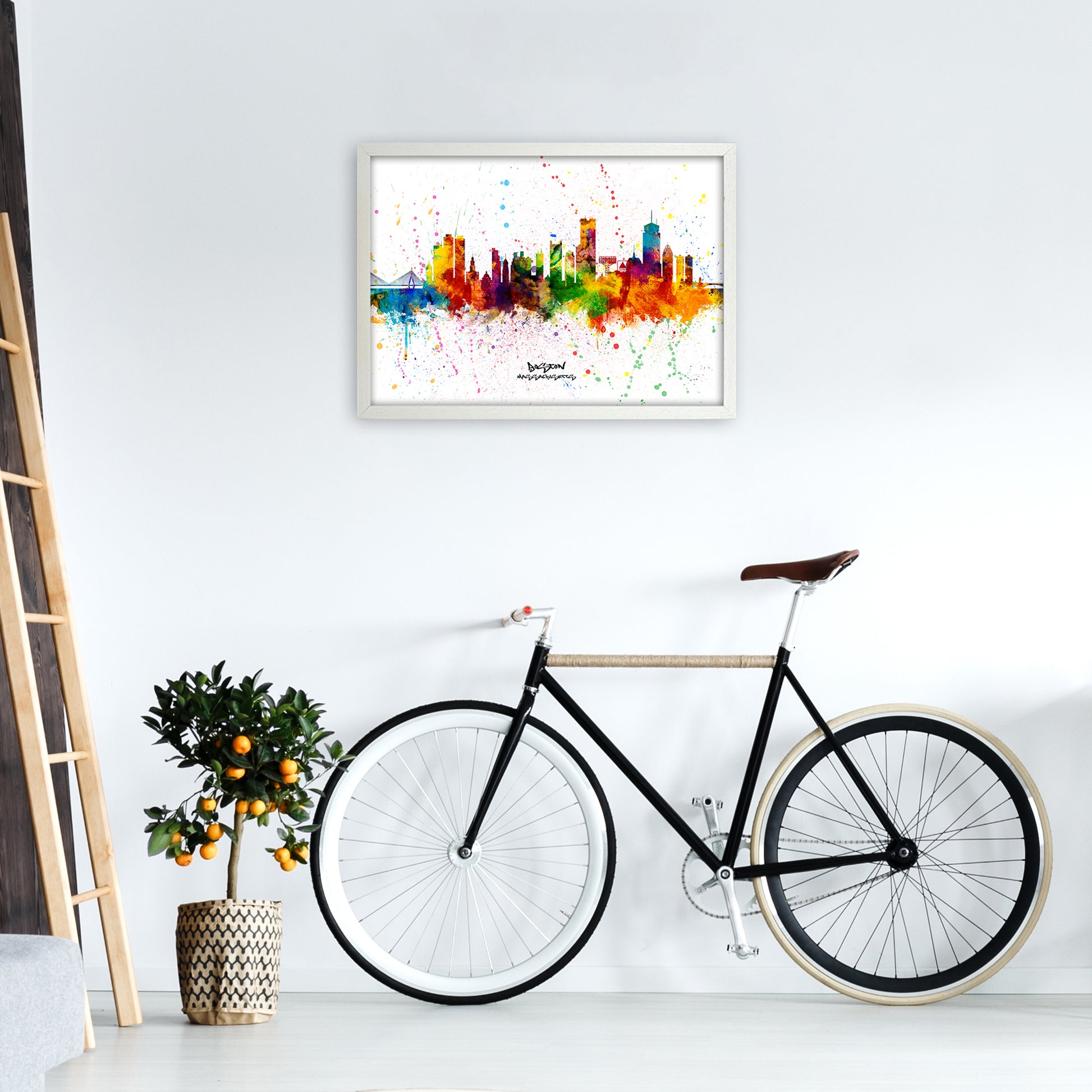 Boston Massachusetts Skyline Splash Art Print by Michael Tompsett A2 Oak Frame