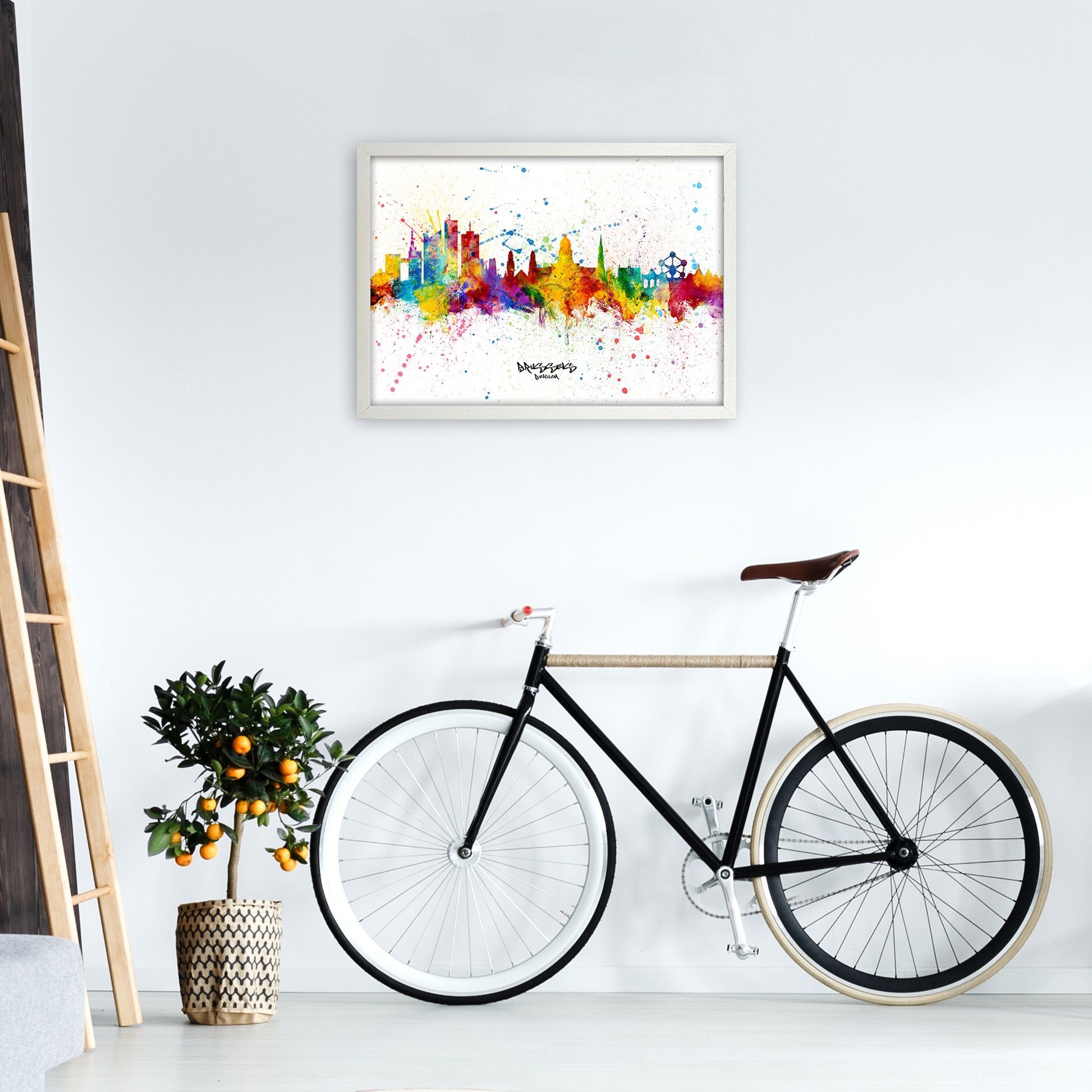 Brussels Belgium Skyline Splash Art Print by Michael Tompsett A2 Oak Frame