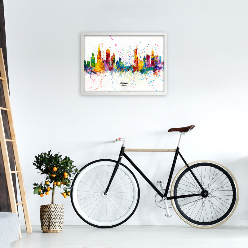 Chicago Illinois Skyline Splash Art Print by Michael Tompsett A2 Oak Frame