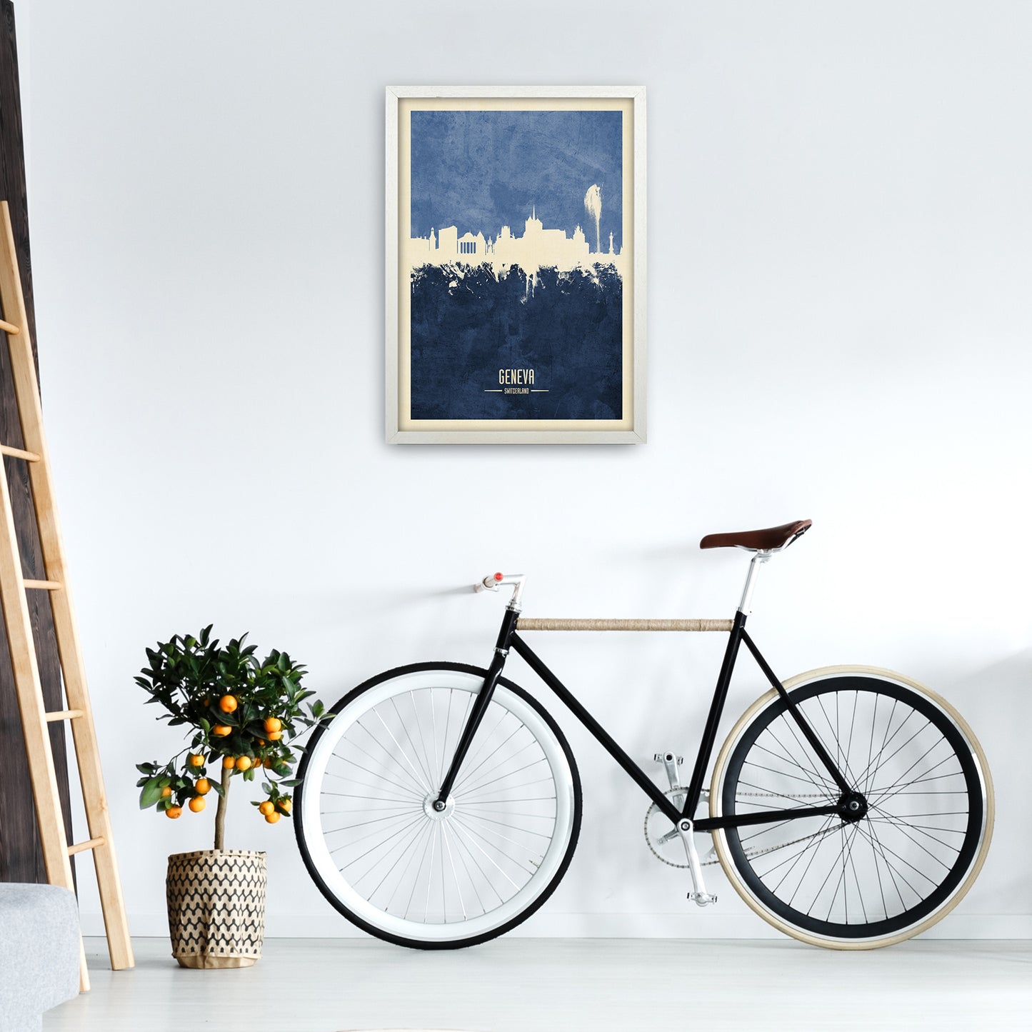 Geneva Switzerland Skyline Portrait Navy Art Print by Michael Tompsett A2 Oak Frame