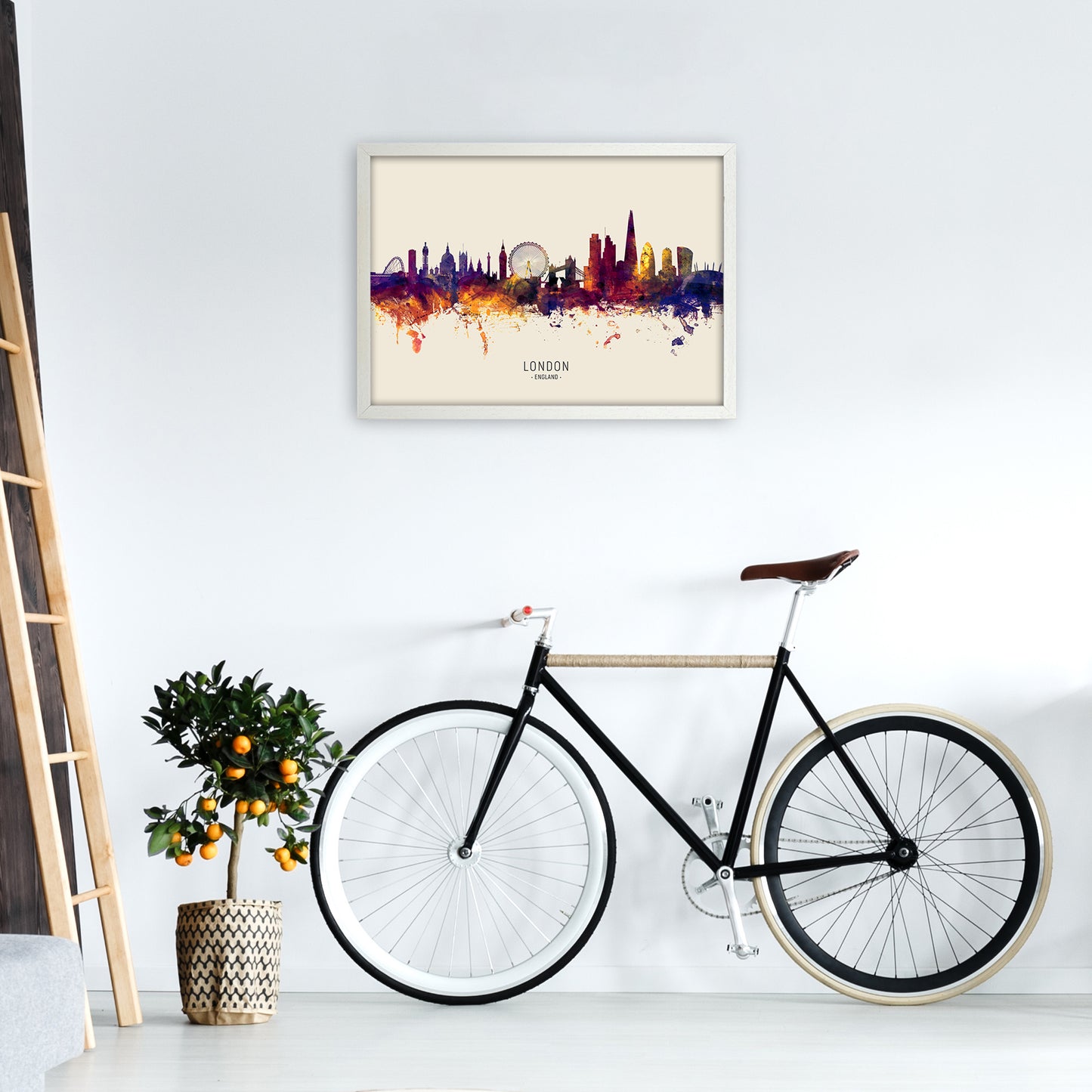 London England Skyline Autumn City Name Art Print by Michael Tompsett A2 Oak Frame