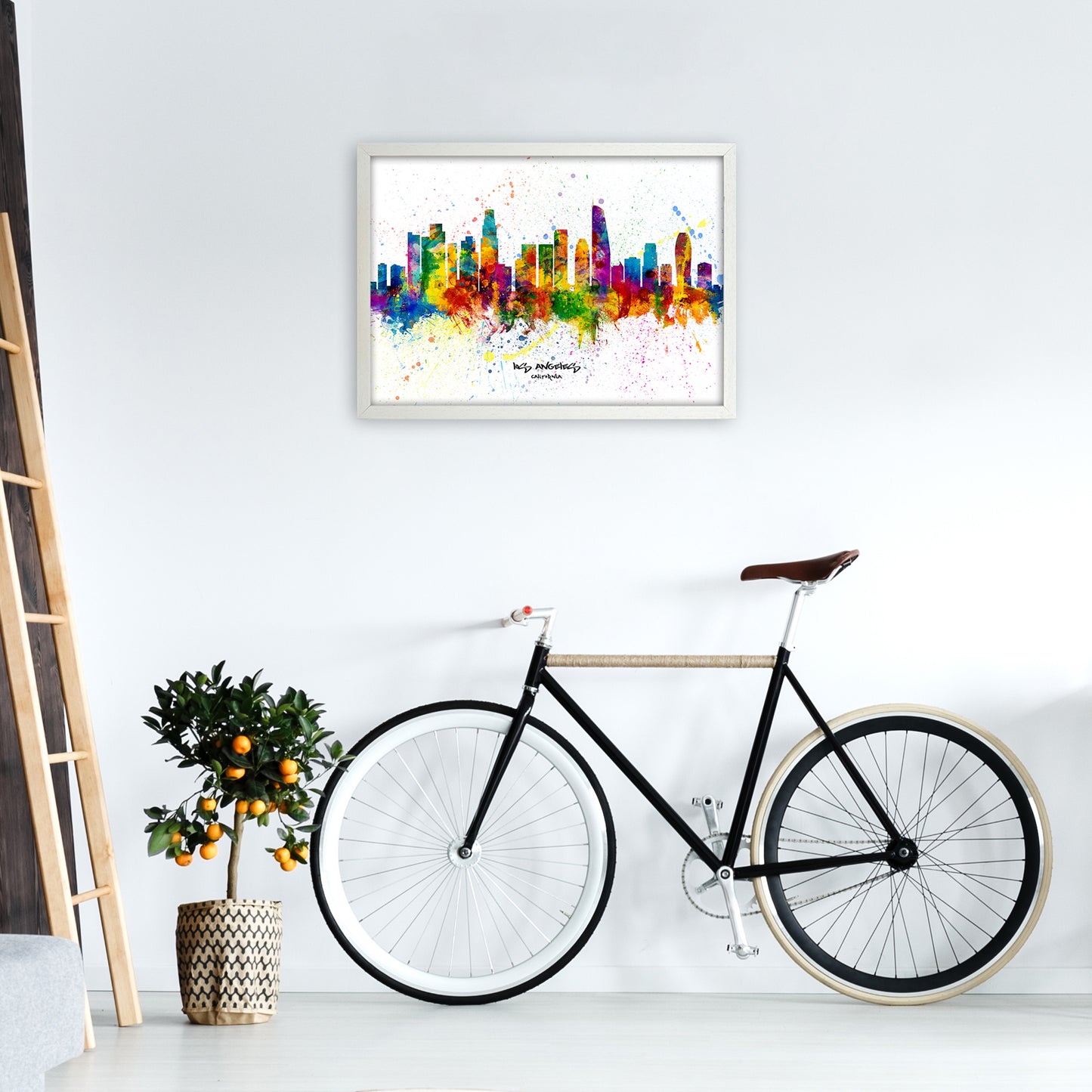 Los Angeles California Skyline Splash Art Print by Michael Tompsett A2 Oak Frame